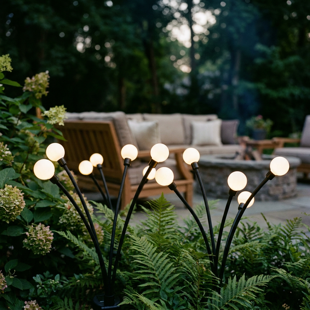 Solar firefly garden lights creating a warm outdoor garden ambiance