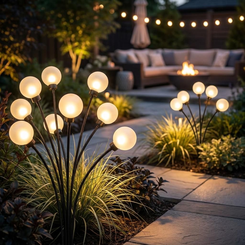 Solar firefly garden lights in warm white glow for outdoor decor