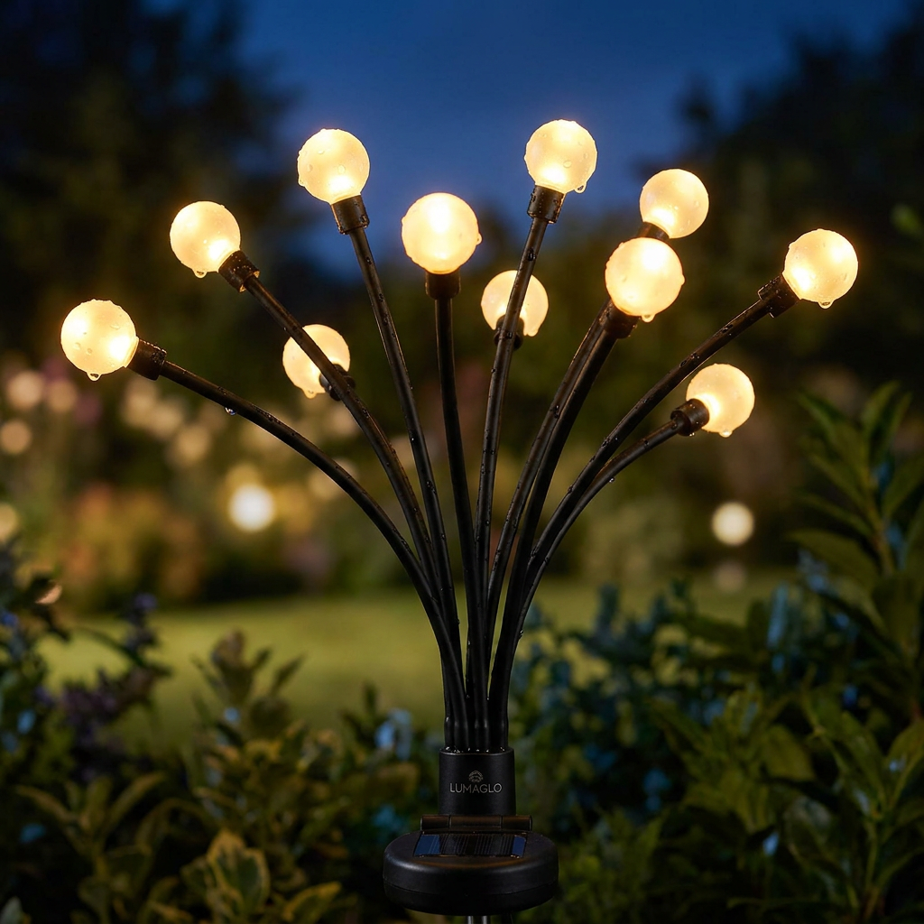 Waterproof close-up detail of solar firefly garden lights for outdoor use